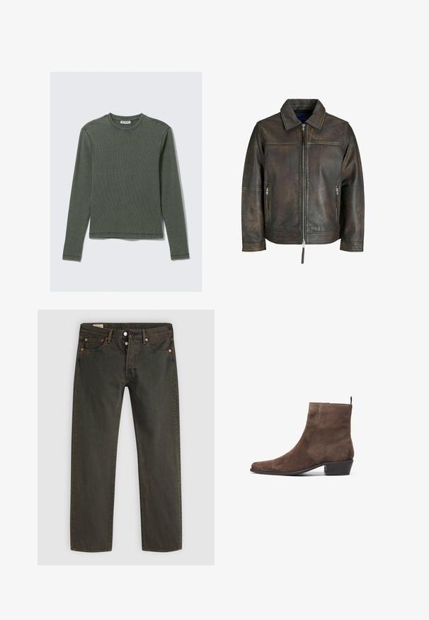 Braune Lederjacke mit einem Reißverschluss vorne, flachem Kragen und zwei Reißverschlusstaschen. Verfügt über eine leicht beschädigte Textur und eine taillierte Passform.; Langärmliges, geripptes Oberteil in Dunkelgrün mit Rundhalsausschnitt und geradem Saum. Hergestellt aus weichem Stoff, mit minimalen Nähten und ohne erkennbare Muster.; Dunkelgrüne Jeans aus Denim mit geradem Beinschnitt, fünf Taschen, Kupferfarbene Beschläge und einem subtilen Waschmuster.; Braune Wildleder-Stiefelette mit spitzem Kopf, niedrigem Blockabsatz und einer Anziehhilfe an der Rückseite für ein einfaches An- und Ausziehen. Glatte Textur und schlichtes Design.