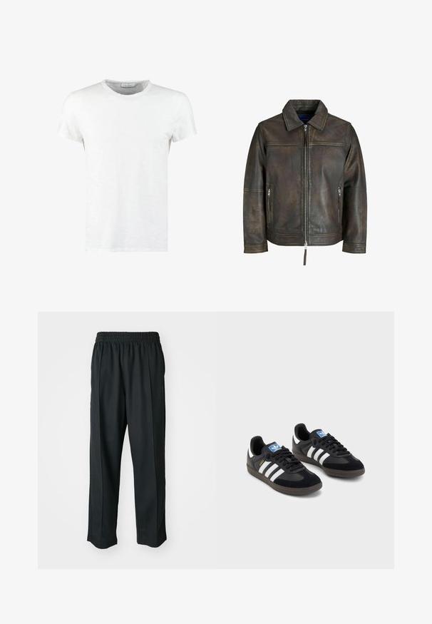 Braune Lederjacke mit einem Reißverschluss vorne, flachem Kragen und zwei Reißverschlusstaschen. Verfügt über eine leicht beschädigte Textur und eine taillierte Passform.; Weißes Baumwoll-T-Shirt mit Rundhalsausschnitt und kurzen Ärmeln, das eine feine Textur und ein minimalistisches Design aufweist. Keine Muster oder Akzente.; Schwarze Sporthosen mit elastischem Bund, aus glattem Stoff, mit dezenten Seitennähten und einem entspannten Schnitt, mit geradem Bein.; Schwarze Sneaker mit einem Obermaterial aus Wildleder und Synthetik, ausgestattet mit drei weißen Streifen, einer strukturierten Gummi-Sohle und einem blauen Logo-Tag auf der Zunge.