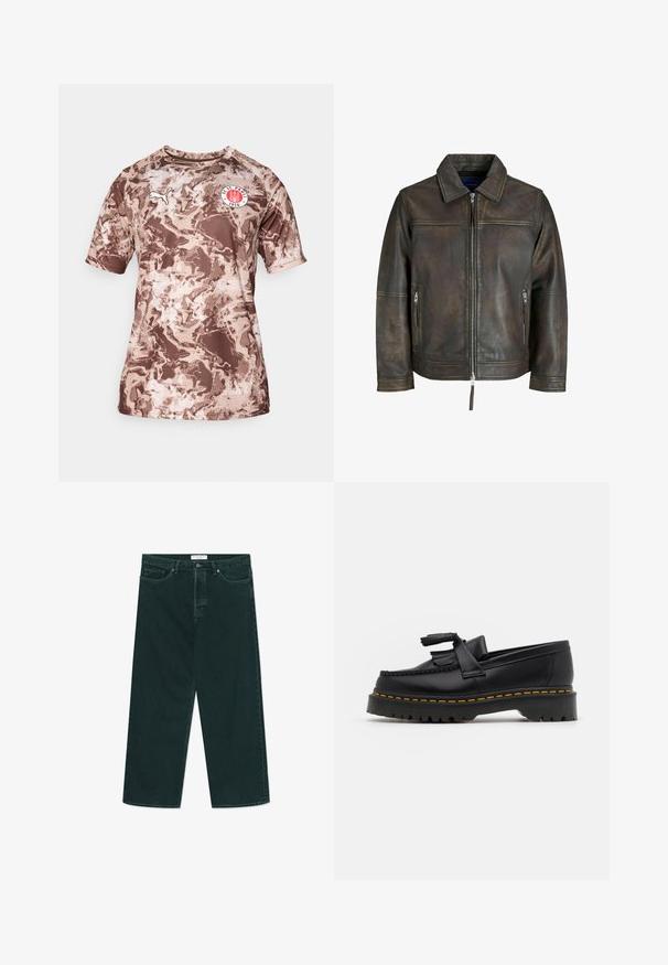 Brun læderjakke med lynlås foran, flad krave og to lynlås-lommer. Har en let slidte tekstur og skræddersyet pasform.; Brun camoufleret kortærmet t-shirt lavet af letvægtsstof med rund halsudskæring og et logo-patch på brystet.; Mørkegrønne vidde denimjeans med knap- og lynlås lukning, forlommer og bæltestropper, liggende fladt på en hvid baggrund.; Sort læderloafer med en frynsedetalje, der har en kraftig sort sål og gul syninger langs kanten. Teksturert overflade.