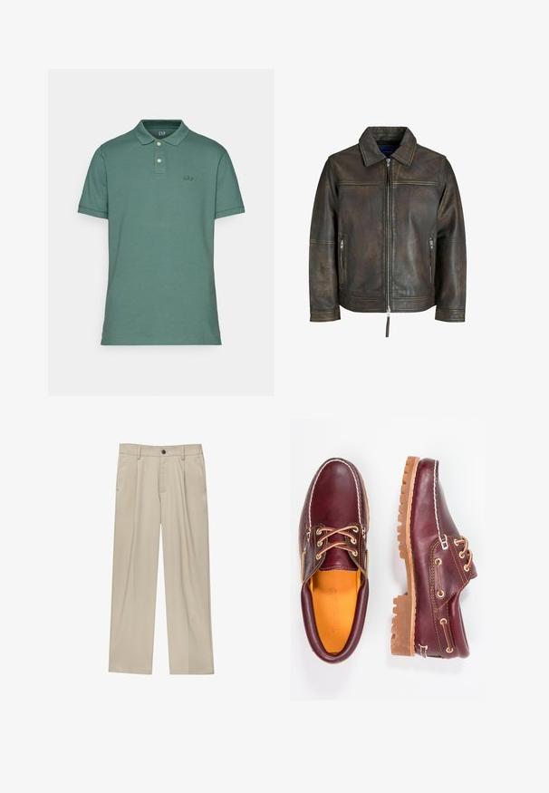 Hnědá kožená bunda se zipem vpředu, plochým límcem a dvěma kapsami na zip. Disponuje mírně opotřebovanou texturou a upraveným střihem.; GAP LOGO - Polotričko - forest green; Béžové kalhoty klasického střihu, se jedním černým knoflíkem, poutky na opasek a bočními kapsami. Hladká textilie a minimalistický design.; Burgundské kožené boty s hnědými gumovými podrážkami, kulatou špičkou, bílým prošíváním a zlatými očky. Interiér obsahuje žlutou podšívku.
