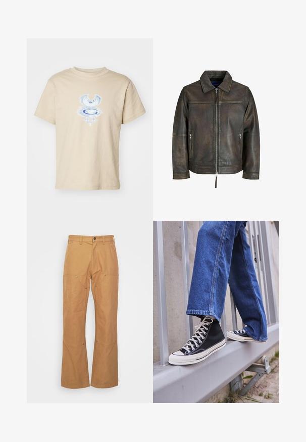 Hnedá kožená bunda so zipsom vpredu, plochým golierom a dvoma zipsovými vreckami. Má mierne opotrebovaný vzhľad a priliehavý strih.; Weekday BOXY GRAPHIC TEE - Tričko s potlačou - beige; Hnedé cargo nohavice vyrobené z odolného materiálu, s bočnými vreckami, kovovými prvkami, rovný strih a bežný pás.; Čierne vysoké tenisky s bielou podrážkou a šnúrkami, kombinované so voľnými modrými riflami, položené na sivej zábradlí.