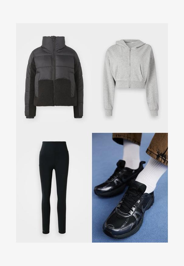 Czarna puchowa kurtka z wysokim kołnierzem, z kontrastową czarną panelą z polaru z przodu i po bokach oraz zapięciem na zamek.; Szara, krótka bluza z kapturem, wykonana z miękkiego materiału, z przednim zamkiem błyskawicznym, długimi rękawami oraz dwoma przednimi kieszeniami. Gładka tekstura, regulowany kaptur.; Zestaw trzech koszulek z krótkim rękawem w kolorze czarnym, szarym i białym. Wykonane z bawełny, z okrągłym dekoltem i prostym, jednolitym wzorem.; Czarne legginsy sportowe z wysokim stanem, z boczną kieszenią i pełną długością nogawek na białym tle.; Czarne buty sportowe Nike mają siateczkową cholewkę z błyszczącymi akcentami, czarne sznurówki i teksturowaną podeszwę. Połączone z białymi, prążkowanymi skarpetami.