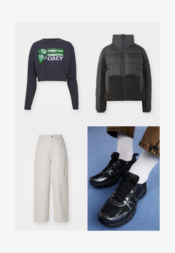 Giacca a vento nera con colletto alto, dotata di un pannello in pile nero a contrasto sulla parte anteriore e sui lati, e chiusura con zip.; Felpa grigia corta realizzata in tessuto morbido, con zip frontale, maniche lunghe e due tasche anteriori. Tessuto liscio, cappuccio regolabile.; Maglietta nera a maniche lunghe e taglio corto con testo verde e viola che recita "Tutto quello che ho imparato... sulla vita l'ho imparato facendo OBEY", con accenti floreali.; Pantaloni in cotone beige a gamba larga con vita alta, chiusura con bottone e zip, e quattro tasche; texture liscia con finitura in denim.; Le scarpe da sport nere Nike presentano una tomaia in rete con dettagli lucidi, lacci neri e una suola texture. Abbinate a calzini bianchi a coste.