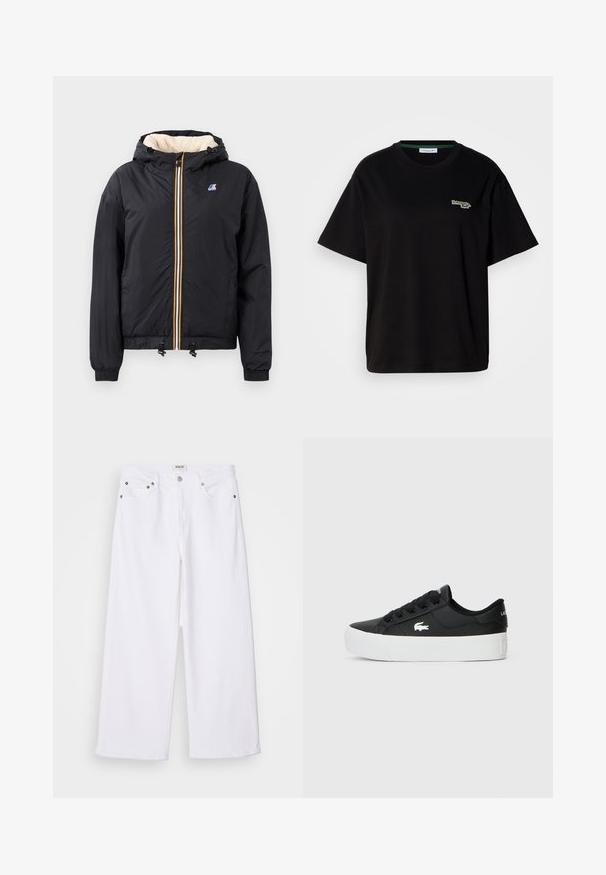 Jachetă neagră cu glugă, cu fermoar în față, interior pufos, manșete elastice, tiv cu șnur și detalii de fermoar în culori contrastante.; Tricou negru din bumbac cu mâneci scurte, având un mic accent de logo verde pe partea stângă a pieptului. Gât clasic de tip crew, croială lejeră.; Jeans albe cu croi larg, din denim, având un design cu cinci buzunare, elemente din metal și talie înaltă, cu un finisaj curat la tiv.; Sneakeruri negre cu talpă joasă, fabricate din material sintetic, având o talpă din cauciuc alb, șireturi negre și un mic logo alb pe lateral.
