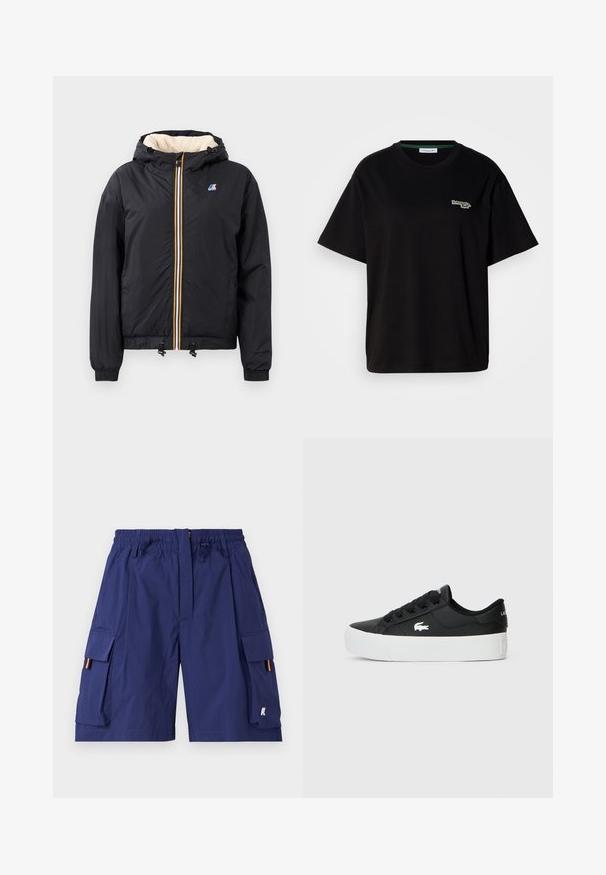Čierna kapucňová bunda so zipsom vpredu, plyšovým interiérom, elastickými manžetami, sťahovacím lemom a kontrastne farebnými zipsovými detailmi.; Čierne bavlnené tričko s krátkymi rukávmi, s malým zeleným logom na ľavej strane hrude. Klasický okrúhly výstrih, voľný strih.; Navy modré cargo šortky s elastickým pásom, šnúrkou, viacerými bočnými vreckami a oranžovými akcentmi na otvory bočných vreciek.; Čierne nízke tenisky vyrobené z syntetického materiálu, s bielou gumovou podrážkou, čiernymi šnúrovačkami a malým bielym logom na boku.