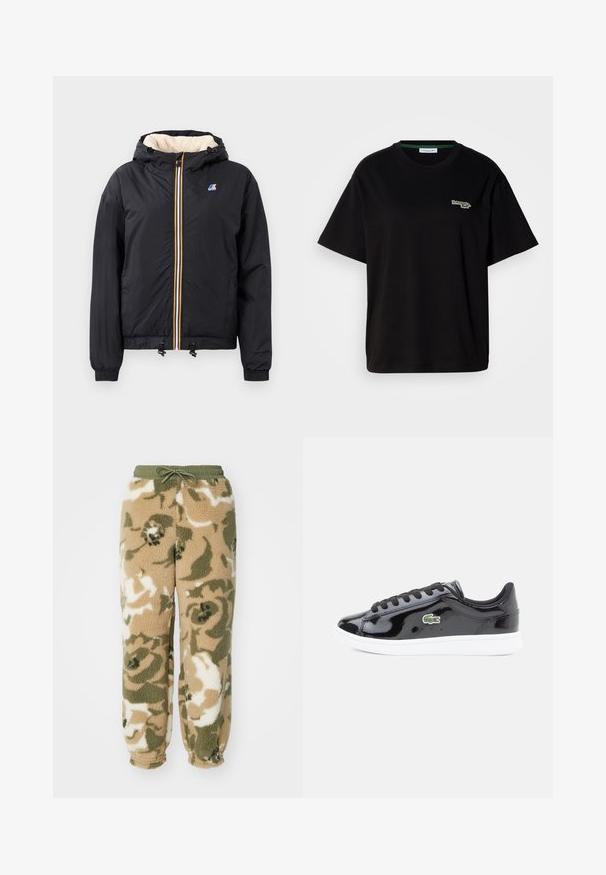 Black hooded jacket with a zip front, plush interior, elastic cuffs, drawstring hem, and contrasting colored zipper details.; Black cotton t-shirt with short sleeves, featuring a small green logo accent on the left chest. Classic crew neckline, relaxed fit.; Fleece jogger pants with a drawstring waist. Features a camouflage pattern in beige, green, and white. Soft, textured material.; Black patent leather sneaker with white sole, featuring black laces and a green embroidered crocodile logo on the side.