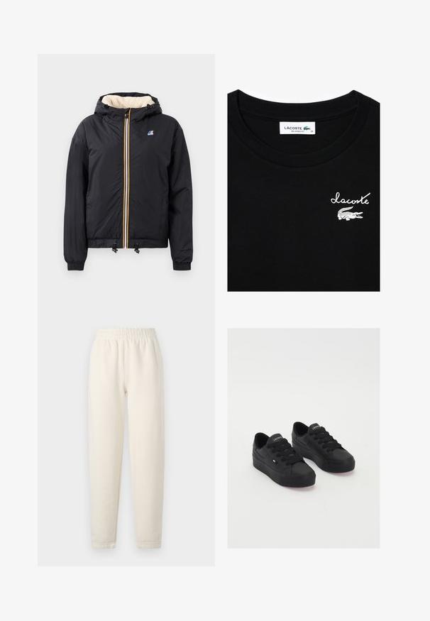 Svart hettegenser med glidelås foran, myk innside, elastiske mansjetter, snorheim og kontrasterende fargede glidelåsdetaljer.; Svart bomulls T-skjorte med rund hals. Har en hvit "Lacoste" logo og krokodillegrafikk på brystet. Løs passform, størrelse 36.; Kremfargede joggebukser laget av mykt stoff. Har elastisk midjeband og innsnevret benedesign med subtile sømdetaljer.; Sorte, lave sneakers i glat materiale, med tykke snørebånd, en tekstureret sål og et lille logo på siden og tungen.