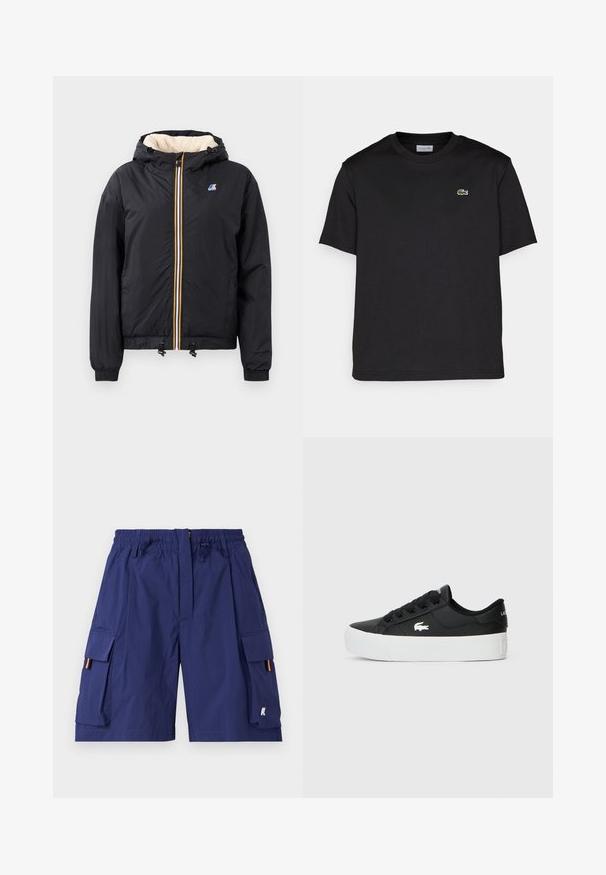 Juodas gobtuvu užsegamas švarkas su užtrauktuku, minkšta vidine dalimi, elastinėmis rankogaliais, raišteliu apatine dalimi ir kontrastingos spalvos užtrauktuko detalėmis.; Juodas medvilnės marškinėlis su apykakle, trumpomis rankovėmis ir maža žalia siuvinėta logotipu kairėje krūtinės pusėje. Paprastas dizainas.; Tamsiai mėlynos spalvos cargo šortai su elastingu juosmeniu, raišteliu, keliais šoninėmis kišenėmis ir oranžiniais akcentais šoninių kišenių atidarymuose.; Juodos žemos sportbačiai, pagaminti iš sintetinio medžiagos, su balta guma padu, juodais raišteliais ir mažu baltu logotipu šone.