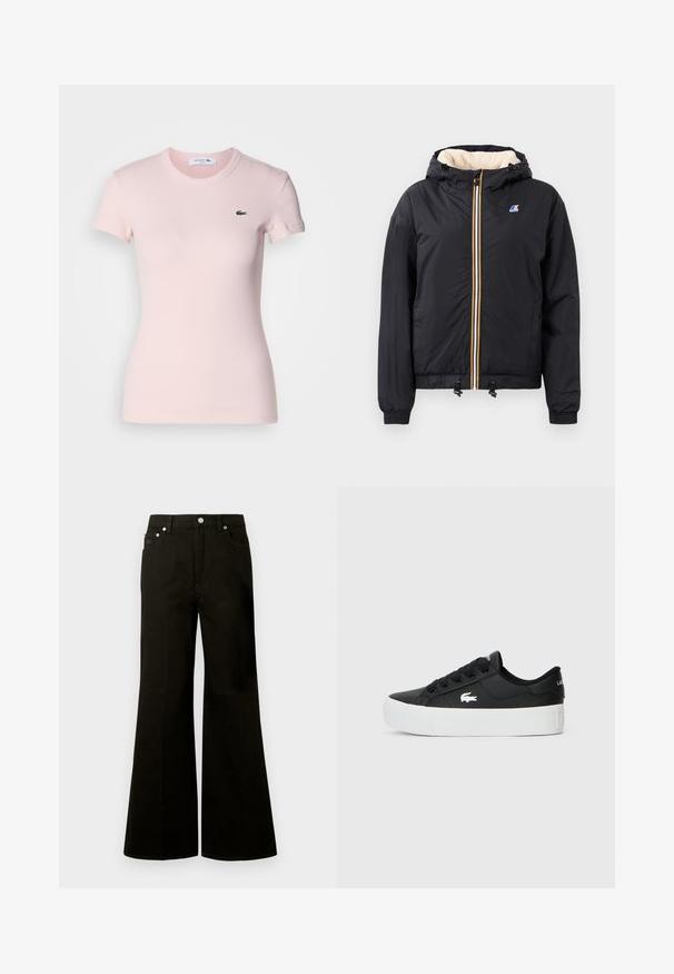 Juodas gobtuvu užsegamas švarkas su užtrauktuku, minkšta vidine dalimi, elastinėmis rankogaliais, raišteliu apatine dalimi ir kontrastingos spalvos užtrauktuko detalėmis.; Šviesiai rožinė raštuota trumpomis rankovėmis marškinėliai su apvaliu iškirpimu ir mažuoju žaliu Lacoste logotipu kairėje krūtinės pusėje. Lygus paviršius.; Juodos spalvos džinsai plačiomis kojų apačiomis, aukštu liemeniu, su priekiniais mygtukais ir užtrauktuku, diržo kilpomis bei penkiomis kišenėmis, įskaitant mažą monetų kišenėlę.; Juodos žemos sportbačiai, pagaminti iš sintetinio medžiagos, su balta guma padu, juodais raišteliais ir mažu baltu logotipu šone.