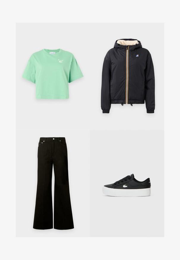 Black hooded jacket with a zip front, plush interior, elastic cuffs, drawstring hem, and contrasting colored zipper details.; Mint green cropped t-shirt made of cotton, featuring short sleeves and a round neckline. It has a white Lacoste logo on the chest.; Black high-waist wide-leg jeans with front button and zipper, belt loops, and five pockets including a small coin pocket.; Black low-top sneaker made of synthetic material, featuring a white rubber sole, black laces, and a small white logo on the side.