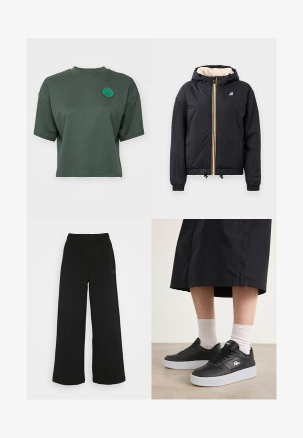 Melna kapuce jaka ar rāvējslēdzēju priekšpusē, mīksta iekšpuse, elastīgas piedurknes, stringa apakšdaļa un kontrastējošas krāsas rāvējslēdzēju detaļas.; Īsa piedurkņu, īsu krekls, izgatavots no mīksta zaļa auduma, ar apaļu kakla izgriezumu un izšūtu apaļu logotipu uz krūtīm.; Melni platās bikses ar elastīgu jostu. Izgatavotas no mīksta, viegla materiāla. Iezīmē vertikālas šuves gar priekšpusi.; Melna ādas sporta apavi ar baltu gumijas zoli, ar logotipu sānos, apaļu purngalu un melnām šņorēm. Valkāti ar baltām zeķēm.
