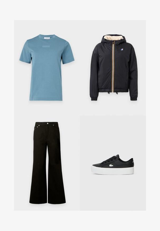 Czarna, kapturowa kurtka z zamkiem z przodu, pluszowym wnętrzem, elastycznymi mankietami, ściągaczem u dołu i kontrastującymi kolorami na zamku.; Bawełniany t-shirt z okrągłym dekoltem w jasnym niebieskim kolorze, z teksturowanym logo "LACOSTE" z przodu. Krótkie rękawy i standardowy krój.; Czarne jeansy z wysokim stanem, szerokimi nogawkami, z przodu zapinane na guziki i suwak, z szlufkami na pasek oraz pięcioma kieszeniami, w tym małą kieszonką na monety.; Czarne niskie trampki wykonane z materiału syntetycznego, z białą gumową podeszwą, czarnymi sznurówkami i małym białym logo z boku.