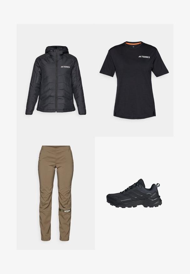 adidas Terrex Allvädersjacka - black; Svart kortärmad T-shirt med rund halsringning, med en subtil melerat struktur och vit "TERREX"-logotyp på den övre vänstra sidan.; adidas Terrex TERREX MULTI WOVEN PANT - Friluftsbyxor - olive strata; Svart vandrarkänga med mesh och syntetiskt överdel, robust sula, dämpande lager och svarta snören. Har en framträdande företagslogotyp på sidan.