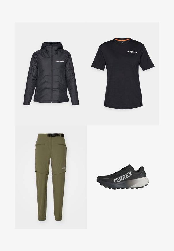 adidas Terrex Allvädersjacka - black; Svart kortärmad T-shirt med rund halsringning, med en subtil melerat struktur och vit "TERREX"-logotyp på den övre vänstra sidan.; adidas Terrex UTILITAS - Friluftsbyxor - olive strata; Svart löparskor med en texturerad ovandel, framträdande "TERREX"-logotyp i vitt, avsmalnande sula och en grå gradientaccents på hälen.