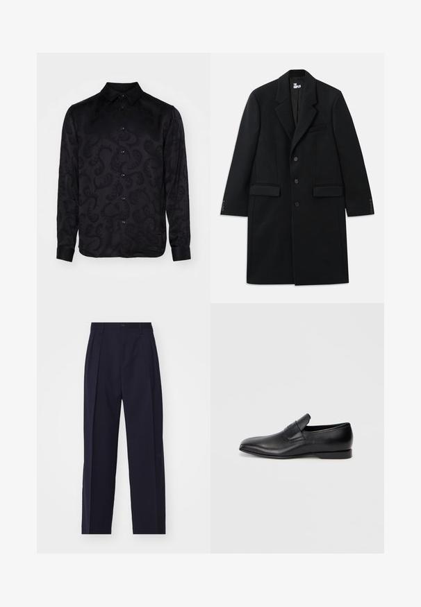 Fekete gyapjúkeverék kabát, bekerített hajtókával, oldalsó zsebekkel, három gombbal és gombos mandzsettával. Simább textúrájú, szabott dizájnnal.; Fekete, hosszú ujjú ing, finom textúrájú paisley mintával, hegyes nyakkal és gombos elejével. Simább anyag.; Tengerészkék, testre szabott nadrág egyenes lábakkal, elöl redők, gombos záródás és látható zsebek nélkül. Simaságot sugárzó szövet.; Fekete bőr, slip-on stílusú cipő, hegyes orral, sima textúrával és diszkrét logóval az oldalon. Alacsony sarokkal és letisztult, minimalista dizájnnal.