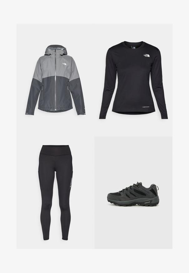 Szürke vízálló dzseki kapucnival, két szín kombinációjával, cipzáras elülső résszel és két oldalzsebbel rendelkezik, sima, könnyű anyagból készült.; The North Face SHADOW LONG SLEEVE - Hosszú ujjú felső - black; Fekete, rugalmas anyagból készült leggings, magas derékkal, oldalirányú zsebekkel és kontrasztos fehér márkajelzéssel a bal lábon.; Columbia REDMOND - Túracipők - black/citron haze
