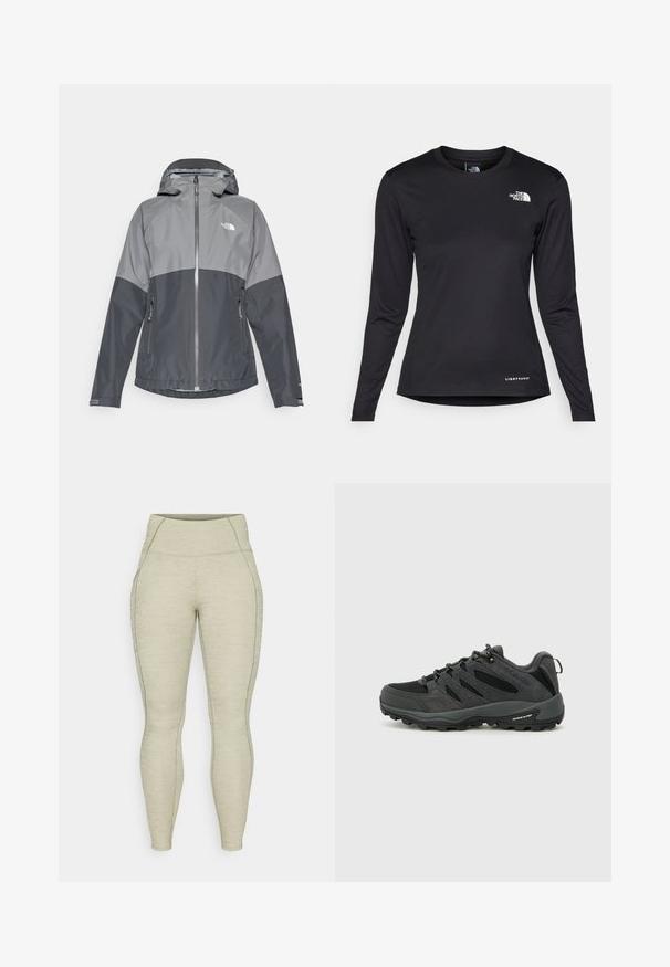 Šedá nepromokavá bunda s kapucí, má dvoubarevný design, zip na přední části a dvě boční kapsy, vyrobena z hladkého a lehkého materiálu.; The North Face SHADOW LONG SLEEVE - Top s dlouhým rukávem - black; Světle šedé sportovní legíny s vysokým pasem, texturovaný materiál, hladké švy a boční kapsa. Přiléhavý design po celé délce.; Columbia REDMOND - Trekingové boty - black/citron haze