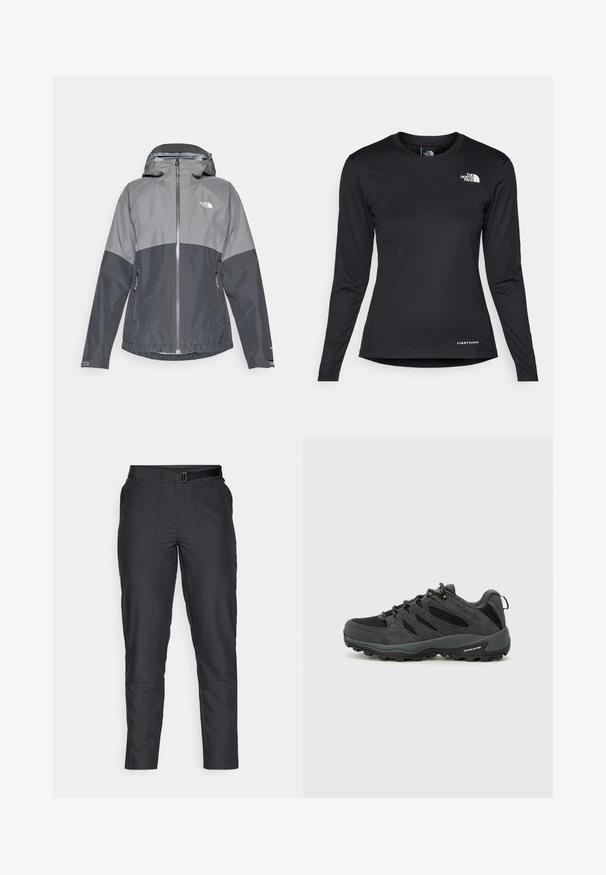 Sivota vodoodporna bunda s kapuco, ki se ponaša z dvojnim tonom, z zadrgo spredaj in dvema stranskima žepoma, izdelana iz gladkega, lahkega materiala.; The North Face SHADOW LONG SLEEVE - Majica z dolgimi rokavi - black; Črne hlače slim fit, izdelane iz gladkega blaga, z pasom na pas, ravnimi nogami in dvema sprednjima žepoma z diskretnimi šivi.; Columbia REDMOND - Pohodniški čevlji - black/citron haze