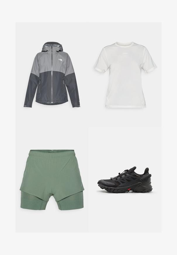 Graue wasserdichte Jacke mit Kapuze, verfügt über ein zweifarbige Design, einen Reißverschluss vorne und zwei Seitentaschen, hergestellt aus glattem, leichtem Material.; Weißes kurzärmliges Sport-Mesh-Shirt mit Rundhalsausschnitt und kleinem "Salomon"-Logo auf der Brust.; Hellgrüne Sportshorts mit einem doppellagigen Design; die obere Schicht ist perforiert, während die innere Schicht mit einem gerippten Muster ausgestattet ist.; Schwarze Sportschuhe mit einer strukturierten Oberfläche, ausgestattet mit einem sicheren Schnürsystem, einer gepolsterten Sohle und einem markanten roten Akzent an der Seite.