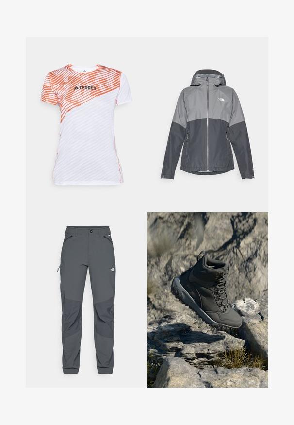 Graue wasserdichte Jacke mit Kapuze, verfügt über ein zweifarbige Design, einen Reißverschluss vorne und zwei Seitentaschen, hergestellt aus glattem, leichtem Material.; Weißes und oranges kurzärmliges Sportshirt mit diagonalen Streifenmustern und "TERREX"-Logo auf der Brust.; Dunkelgraue Outdoor-Hosen mit verstärkten Kniebereichen, seitlichen und vorderen Taschen mit Reißverschluss, Knopfverschluss und dem The North Face-Logo auf dem Oberschenkel.; Dunkelgrauer Wanderschuh aus synthetischem Material, mit gepolstertem Kragen, Metallösen und strukturierten Gummisohlen für besseren Halt.