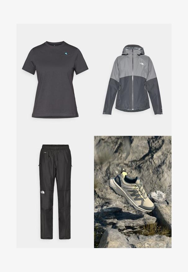 Casaco cinza impermeável com capuz, apresenta um design em duas tonalidades, fecho éclair na frente e dois bolsos laterais, feito de material liso e leve.; T-shirt cinza escuro de mangas curtas feito de algodão macio. Apresenta um decote redondo e um pequeno logo azul no peito. Textura suave.; Calças pretas à prova d'água feitas de um tecido leve, com cintura elástica, bolsos laterais e um logótipo na perna esquerda.; Sapatilha de trail running Columbia em bege claro e cinza. Parte superior em malha com detalhes texturizados, sola de borracha e acabamentos refletivos. Design leve.