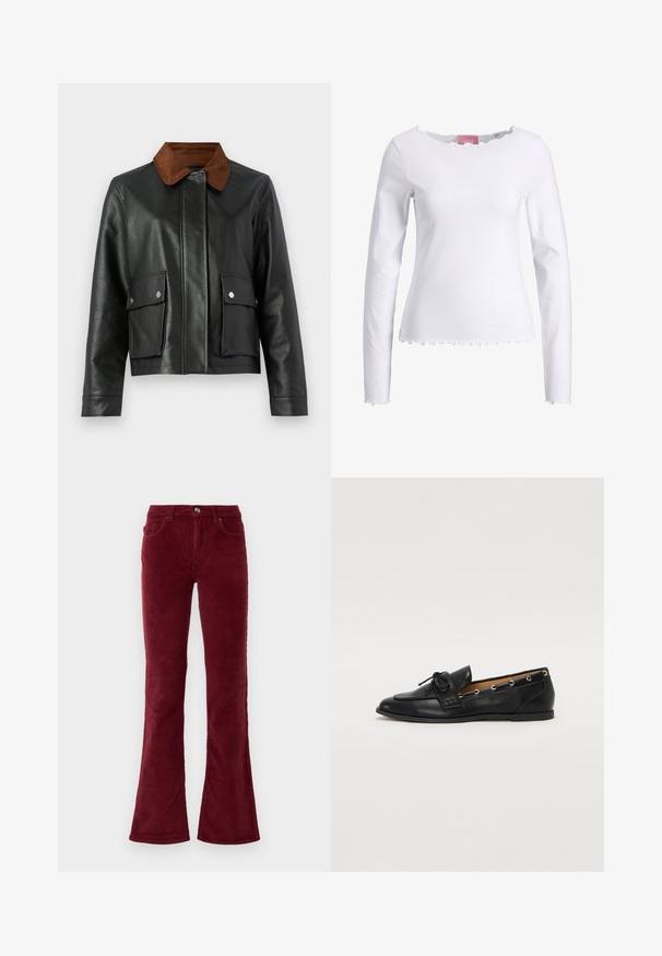Black leather jacket with brown corduroy collar, front flap pockets with snap buttons, and concealed front closure.; White long-sleeve top made of cotton. Features a round neckline with a ruffled edge and ruffled hemline. Simple, fitted design.; Burgundy corduroy flared pants with front pockets, belt loops, and a button closure on a plain white background.; Black leather loafers with a tied bow, featuring gold eyelet accents along the sides and a flat rubber sole. Smooth texture, classic design.