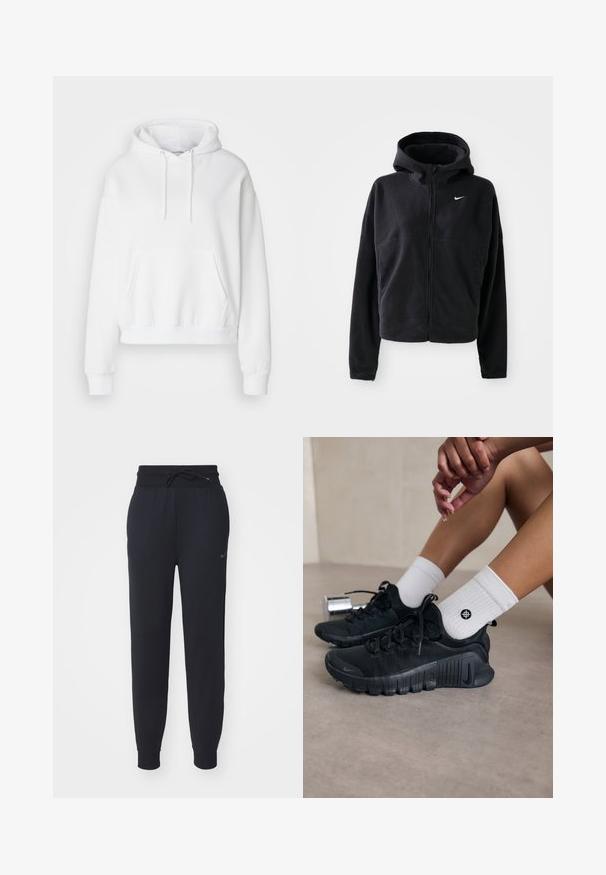 Black fleece jacket with a hood, zip front, and embroidered white Nike logo on the left chest. Features a cropped silhouette.; White, hooded sweatshirt with a front pocket, ribbed cuffs, and hem. Soft fabric and relaxed fit, featuring drawstrings on the hood.; Black jogger pants made of soft fabric, featuring an elastic waistband with drawstring, side pockets, and a subtle logo on the left thigh.; Black athletic shoes with textured fabric, laced design, and a prominent sole, paired with white ribbed socks featuring a small logo.