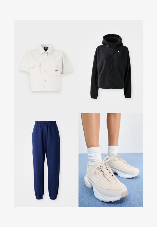 Black fleece jacket with a hood, zip front, and embroidered white Nike logo on the left chest. Features a cropped silhouette.; Short-sleeve, cropped white shirt made of cotton with two chest pockets, button-down front, and a logo patch on the left pocket.; Navy blue sweatpants made of soft fabric, featuring an elastic waistband with drawstring, elastic cuffs, and a small white logo.; Beige athletic shoes with a textured upper, white laces, and a thick white sole. The design features subtle curves and a small logo.