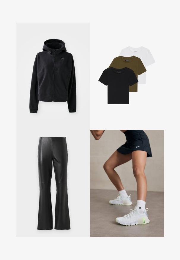 Veste en polaire noire avec capuche, fermeture éclair à l'avant et logo Nike brodé en blanc sur le côté gauche de la poitrine. Présente une silhouette cropped.; Trois t-shirts à col rond en noir, vert olive et blanc. Manches courtes, encolures côtelées et design ajusté.; Pantalons en faux cuir noirs taille haute avec jambes évasées et détails de couture à l'avant, présentés sur un fond blanc uni.; Chaussures de sport blanches avec une surface texturée, des accents vert fluo et un logo Nike bien en vue. Portées avec des chaussettes blanches à mi-mollet.