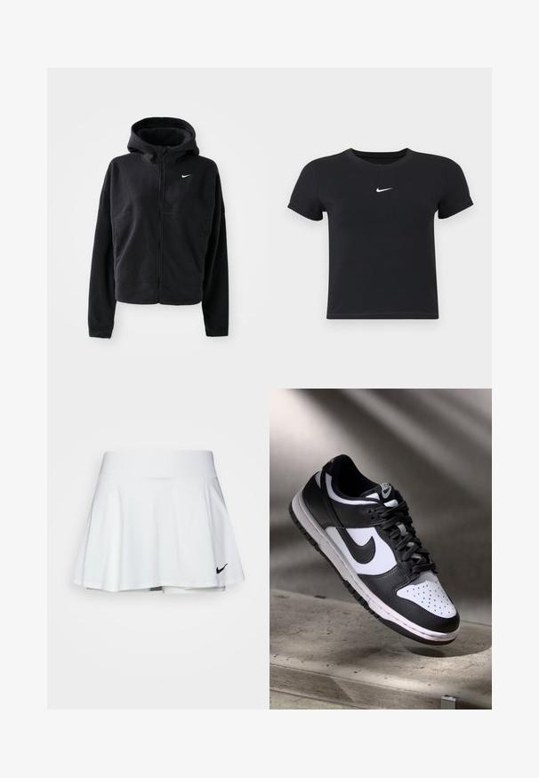 Casaco de fleece preto com capucho, fecho éclair à frente e logótipo da Nike bordado em branco no peito esquerdo. Apresenta um silhueta cropped.; T-shirt preta de manga curta feita de algodão, com decote redondo. Apresenta um logótipo branco da Nike no peito, design minimalista e corte ajustado.; Saia atlética branca com um design evasé, cintura elástica e calções incorporados. Apresenta um pequeno logótipo preto da Nike no canto inferior direito.; Sapatilha Nike Dunk Low em preto e branco com parte superior em pele, caixa de biqueira perfurada e atacadores pretos, apresentando uma sola branca e detalhes em logótipos.
