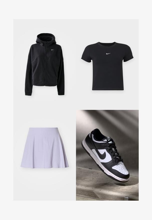 Jachetă din fleece neagră cu glugă, fermoar în față și logo-ul Nike brodat în alb pe pieptul stâng. Prezintă o siluetă scurtă.; Tricou negru cu mânecă scurtă, din bumbac, cu decolteu rotund. Prezintă un logo alb Nike pe piept, design minimalist și croială ajustată.; Fustă tip skater lila, realizată dintr-un amestec moale de bumbac, cu un design evazat, talie elastică și fără modele sau accente vizibile.; Pantofii Nike Dunk Low în alb și negru, cu partea superioară din piele, cutie a degetelor perforată și șireturi negre, având o talpă albă și accente cu logo.