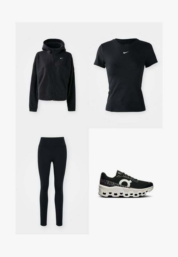Sort fleecejakke med hætte, lynlåslukning og broderet hvid Nike-logo på venstre bryst. Har en cropped silhuet.; Sort kortærmet atletisk t-shirt med rund hals og en lille hvid Nike swoosh-logo centreret på brystet.; Sorte leggings lavet af strækbart materiale med en høj talje. Glat tekstur, tætsiddende design og ingen synlige dekorationer eller mønstre.; Sort løbesko med en struktureret mesh-overdel, fremtrædende hvidt logo og en unik hvid og sort formstøbt sål med hexagonale udskæringer.