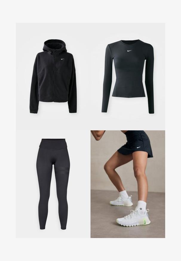 Giacca in pile nera con cappuccio, apertura con zip e logo Nike ricamato in bianco sul lato sinistro del petto. Presenta una silhouette cropped.; Maglietta nera a maniche lunghe, aderente, realizzata in tessuto liscio e elasticizzato. Presenta un colletto a girocollo e un piccolo logo Nike bianco sul petto.; Leggings neri con vita alta, caratterizzati da una texture liscia e sottili righe sulla coscia per un tocco di dettaglio in più.; Scarpe sportive bianche con una superficie testurizzata, dettagli in verde neon e un logo Nike prominente. Indossate con calzini bianchi alla caviglia.