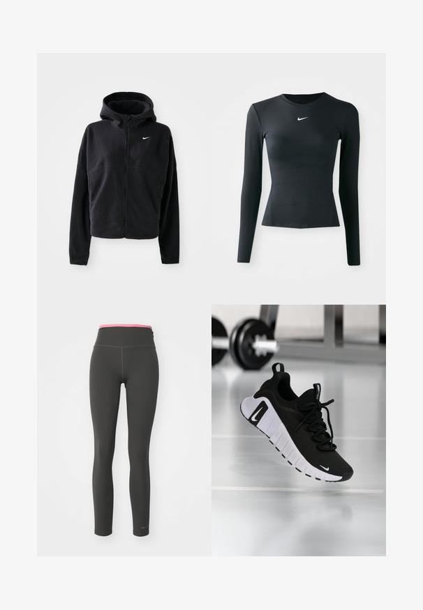 Mustan fleece-takkia, jossa on huppu, vetoketjusuljenta ja brodeerattu valkoinen Nike-logo vasemmassa rinnassa. Takki on lyhennetty muotoilu.; Musta pitkähihainen tiukka toppi, joka on valmistettu sileästä, joustavasta kankaasta. Sisältää pyöreän kaula-aukon ja pienen valkoisen Nike-logon rinnassa.; Mustat legginsit, joissa on korkea vaaleanpunainen vyötärö, valmistettu sileästä ja joustavasta kankaasta. Sisältää litteät saumat ja logon vasemmassa alareunassa.; Musta urheilukenkä teksturoitua kangaspintaa, valkoista pohjaa ja näkyvää nauhoitusjärjestelmää. Sisältää Nike-logon sekä pehmeän, pehmustetun rakenteen.