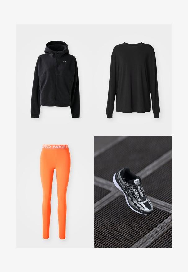 Must värvitud fliisjakk kapuutsiga, ees lukuga ja vasakul rinnaäärel tikitud valge Nike'i logo. Omab lühikest siluetti.; Must musta pikkade varrukatega t-särk, ümmarguse kaelusega, madalad õlad ja pehme, siledat tekstuuri. Lihtne disain, ilma nähtavate mustrite või aktsentideta.; Oranžid spordilegud, millel on istuv disain, valmistatud venivast materjalist. Omab valget bränditud vööd ja väikest logo külgedel.; Nike jooksutossud musta ja hõbedase värvigammaga, võrkmaterjalist pealts, tekstuuriga tallad ja kindla istumise tagav paeltesüsteem.