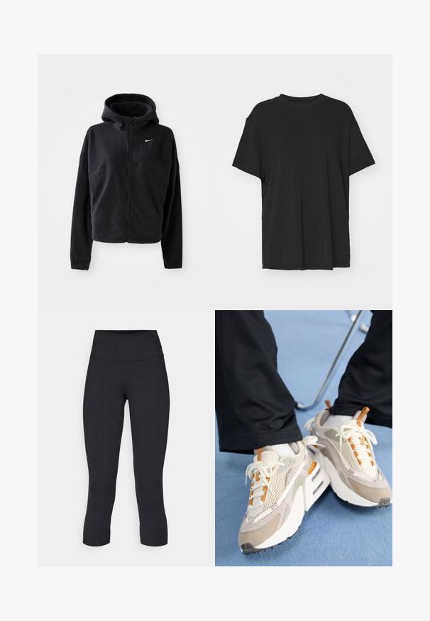 Melna vilnas jaka ar kapuci, ar rāvējslēdzēju priekšā un izšūtu baltu Nike logo kreisajā krūtī. Iezīmējas ar saīsinātu siluetu.; Melna īsām piedurknēm T-krekli, izgatavots no gludas auduma, ar apaļu kakla izgriezumu un brīvu piegriezumu. Satur sānu šķēlumu, lai nodrošinātu papildu komfortu un gaisa caurlaidību.; Melnas apgrieztas legingi, izgatavoti no elastīga auduma, ar augstu jostasvietu un gludu tekstūru, bez redzamām rakstu vai aksesuāriem.; Nike Sportswear AIR MAX FURYOSA - Treniņu apavi - light orewood brown/flax/grain/college grey/enigma stone/sail