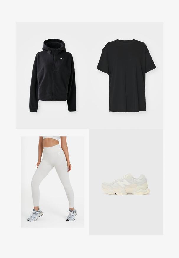 Black fleece jacket with a hood, zip front, and embroidered white Nike logo on the left chest. Features a cropped silhouette.; Black short-sleeve t-shirt made of smooth fabric, with a crew neck and loose fit. Features side slits for added comfort and breathability.; White high-waisted leggings with textured panels, a smooth finish, and a logo accent on the hip, paired with gray athletic sneakers.; Lightweight sneaker featuring a mesh and suede upper in soft cream tones, with a chunky sole and three-dimensional accents.