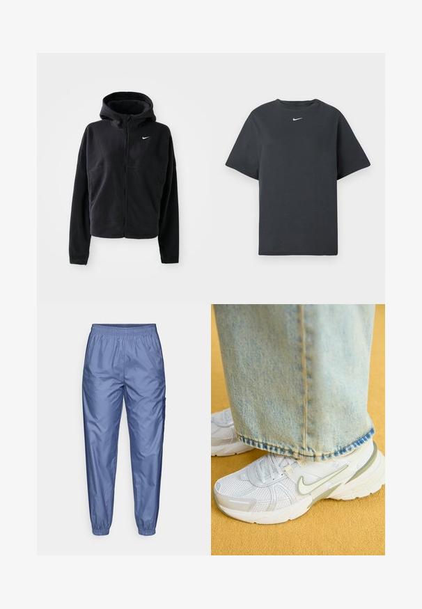 Melna vilnas jaka ar kapuci, ar rāvējslēdzēju priekšā un izšūtu baltu Nike logo kreisajā krūtī. Iezīmējas ar saīsinātu siluetu.; Melnā kokvilnas T-kreklā ar apaļu kakla izgriezumu un īsām piedurknēm. Uz krūškurvja ir neliels balts Nike logotips. Taisna piegriezuma un ikdienišķs dizains.; Gaiši zili, spīdīgi sporta bikses ar elastīgu jostu, sašaurinātiem svārkiem un sānu kabatu; izgatavotas no gludas, vieglas auduma.; Balti sporta apavi ar sieta augšdaļu, zaļiem akcentiem, teksturētu zoli, kopā ar gaiši ziliem džinsiem ar saplēstu malu.