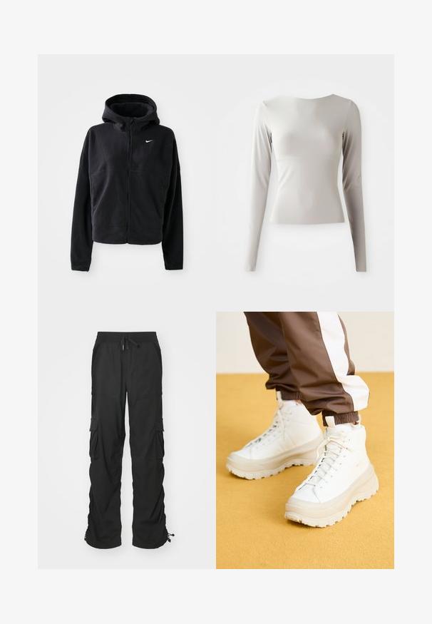 Černá fleecová bunda s kapucí, předním zipem a vyšívaným bílým logem Nike na levé části hrudi. Má zkrácený střih.; Světlý šedý dlouhý rukáv top vyrobený z hladké, jemné látky s kulatým výstřihem a přiléhavým střihem. Spodní okraj je mírně rozšířený.; Černé cargo kalhoty se stahovacími šňůrkami v pase, bočními kapsami a elastickými manžetami. Vyrobeny z texturované látky pro odolnost a pohodlí.; Bílé vysoké tenisky s robustní, texturovanou podrážkou, s hladkým svrškem, kulatou špičkou a tonálními tkaničkami, umístěné na žlutém pozadí.