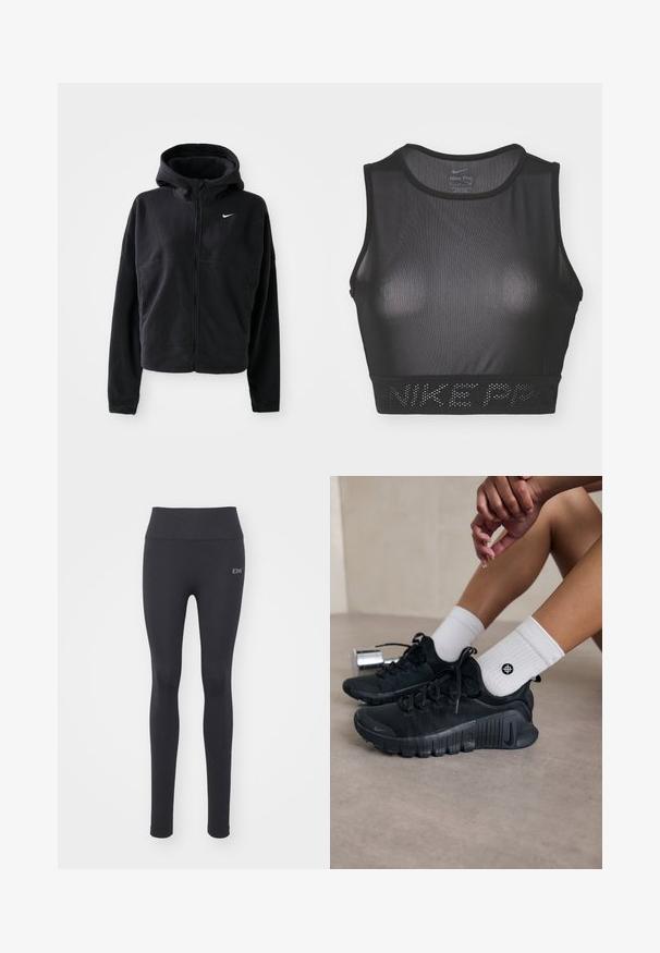 Fekete bolyhos kabát kapucnival, cipzáras elülső résszel és hímzett fehér Nike logóval a bal mellen. Rövidített fazonú.; Fekete Nike Pro sportmelltartó hálós dizájnnal, kerek nyakkivágással és széles résszel, amelynek alján dombornyomott "NIKE PRO" felirat található.; Fekete sport leggings sima textúrával, magas derékkal és varrott részletekkel. Elöl egy kis logó található.; Fekete sportcipők texturált anyagból, fűzős kialakítással és hangsúlyos talppal, fehér bordás zoknikkal párosítva, melyek kis logóval rendelkeznek.