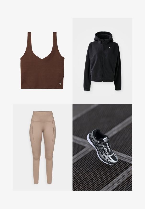 Juodas fliso džemperis su gobtuvu, užtrauktuku priekyje ir balta išsiuvinėta Nike logotipu kairėje krūtinės pusėje. Pasižymi trumpa siluetu.; Rudas sporto liemenėlė su V formos iškirpte, pagaminta iš lygios, tamprios medžiagos. Ji turi plačias petnešas ir mažą logotipo akcentą apatine dalyje.; Bežinės sportinės legginsai su aukštu juosmeniu, turintys dvi šonines kišenes ir lygią, elastingą medžiagą. Subtilus pilkas logotipo detalus.; Nike bėgimo bateliai su juodos ir sidabrinės spalvų schema, tinklinis viršus, tekstūruota padas ir raištelių sistema saugiam prigludimui.