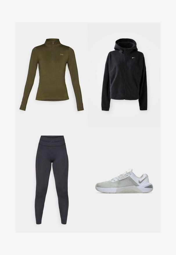 Svart fleecejakke med hette, glidelås foran, og brodert hvit Nike-logo på venstre bryst. Har en cropped silhuett.; Under Armour VANISH SEAMLESS 1/4 ZIP - Topper langermet - expedition green/canteen green; Sorte tights med høy elastisk liv med teksten "UNDER ARMOUR". Glatt tekstur med subtile mønsteraccents langs beina.; Hvite og grå treningssko med teksturert stoff, polstret krage og gummiyttersåle. Har en logo på siden og dimensjonale detaljer på overdelen.