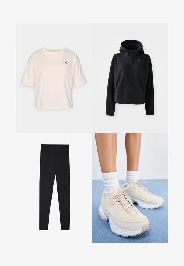 Black fleece jacket with a hood, zip front, and embroidered white Nike logo on the left chest. Features a cropped silhouette.; Light beige cropped t-shirt made of cotton. Features short sleeves and a small triangular logo on the left chest. Simple design, relaxed fit.; Black leggings featuring a smooth texture, high waistband, and stitching details along the sides. Slim-fit design, suitable for various activities.; Beige athletic shoes with a textured upper, white laces, and a thick white sole. The design features subtle curves and a small logo.