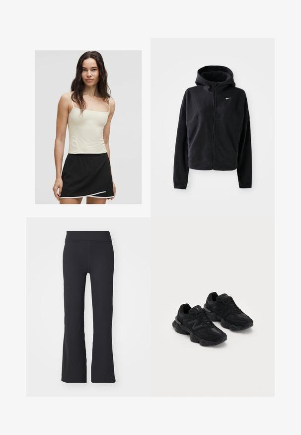 Chaqueta de forro polar negra con capucha, cierre de cremallera en la parte frontal y logo de Nike bordado en blanco en el pecho izquierdo. Presenta una silueta corta.; Top de tirantes amarillo claro combinado con una falda negra que presenta un dobladillo curvo y detalles en blanco. Textura de tela suave.; Pantalones negros acampanados hechos de una tela elástica con una cintura alta. Presentan líneas limpias y una textura suave, adecuados para un uso casual.; Zapatillas deportivas negras con un upper texturizado, que presentan un prominente logo "N", suela acolchada y una silueta moderna y estilizada.