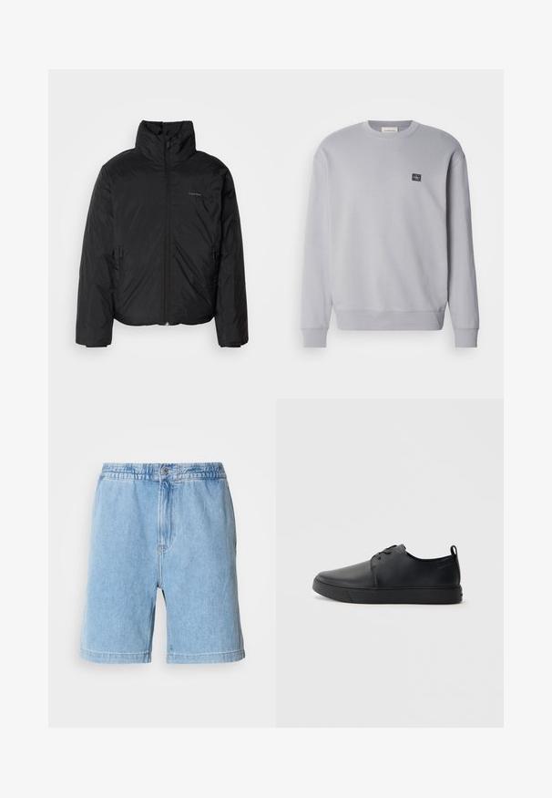 Melnā pūkainā jaka ar augstu apkakli, ar rāvējslēdzēju priekšpusē un sānu kabatām. Gluda, spīdīga tekstūra ar minimālu logotipu uz krūtīm.; Gaišs pelēks džemperis, izgatavots no kokvilnas maisījuma. Ar garām piedurknēm, apaļu kakla izgriezumu un mazu logo uzglabātāju uz krūšu. Mīksta tekstūra.; Gaiši zili džinsu šorti ar elastīgu jostasvietu, priekšējo pogu aizdari, sānu kabatām un taisnas griezuma dizainu. Garums līdz pusceļam.; Melnas ādas kedas ar gludu apdari, noapaļota purngala, tonāla šuvēm, auklu fronti un plakanu gumijas zoli. Cilpa pie papēža.