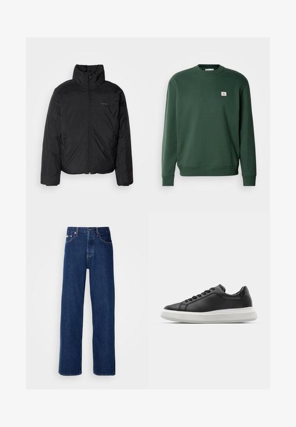 Musta puhvitakki korkealla kauluksella, vetoketjulla edessä ja sivutaskuilla. Sileä, kiiltävä pinta, jossa on minimaalinen logo rinnassa.; Vihreä puuvillasekoitehuppari, jossa on miehustakaulus ja ribatoidut hihansuut. Pieni logo-patch rinnassa. Silkinen tekstuuri.; Siniset farkut, joissa on leveä lahjeratkaisu, varustettuna nappikiinnityksellä ja klassisella viiden taskun tyylillä. Kangas on sileää.; Mustat nahkakengät, joissa on sileä pinta, valkoinen kumipohja, pyöreä muoto, kuusi reikää nauhoille ja hillitty brändäys kantapäässä.