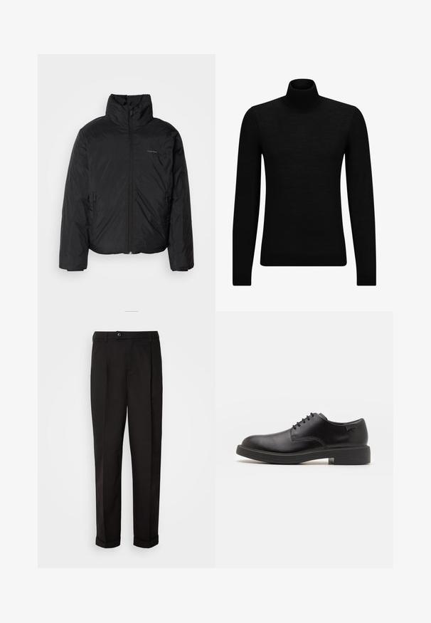 Melnā pūkainā jaka ar augstu apkakli, ar rāvējslēdzēju priekšpusē un sānu kabatām. Gluda, spīdīga tekstūra ar minimālu logotipu uz krūtīm.; Melnā augstā kakla džemperis, kas izgatavots no mīksta materiāla, ar garām piedurknēm un pieguļušu piegriezumu. Ribota apdare ap apakšu un piedurknēm. Vienkāršs dizains.; Melnas bikses ar gludu tekstūru, diviem priekšējiem kabatām, taisnas griezuma un ar vienu pogu vidukļa daļā.; Melna āda sašūta kurpe ar noapaļotu purngalu, gludu tekstūru, minimālu šuvju skaitu un zemu gumijas papēdi. Logo uz papēža.