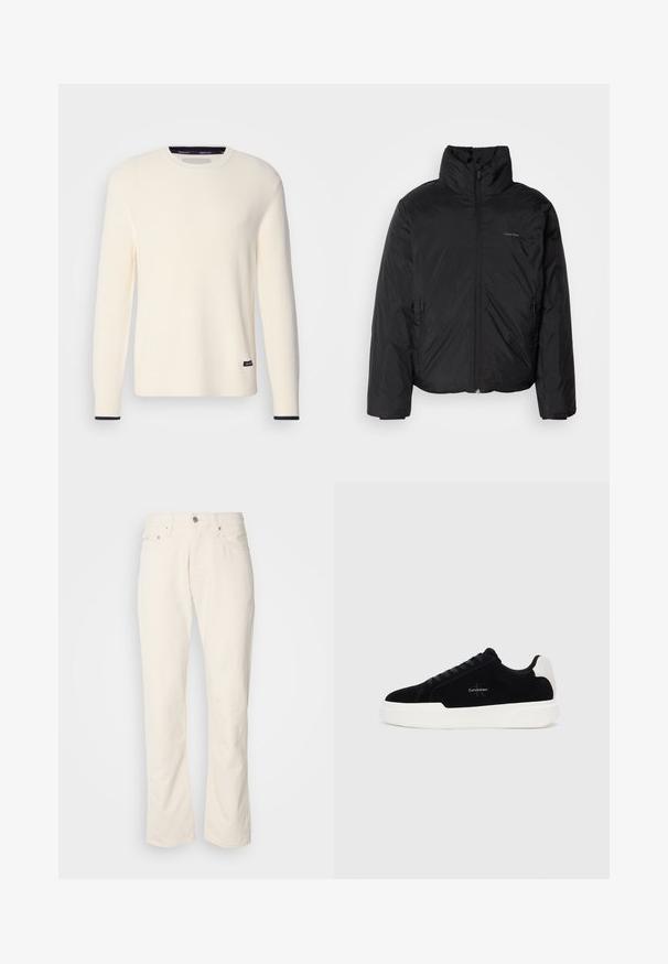 Schwarze Daunenjacke mit hohem Kragen, Reißverschluss auf der Vorderseite und Seitentaschen. Glatte, glänzende Textur mit einem minimalen Logo auf der Brust.; Rippierter Cremepullover mit Rundhalsausschnitt, langen Ärmeln und einem marineblauen Akzent an den Bündchen. Verfügt über ein kleines Logotag am Saum.; Beige Baumwolljeans mit klassischem geradem Bein, ausgestattet mit einem Frontknopfverschluss, fünf Taschen und dezenten Nähdetails.; Schwarze Low-Top-Sneaker mit weißer Sohle und Fersenkappe, Schnürung vorne und Calvin Klein-Logo an der Seite.