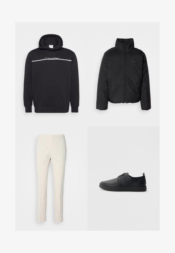 Black puffer jacket with a high collar, zipper front, and side pockets. Smooth, shiny texture with a minimal logo on the chest.; Black hoodie made of cotton blend, featuring a white Calvin Klein logo and horizontal white stripe across the chest. Adjustable drawstring hood.; Cream-colored tailored pants with a textured fabric. Features a straight leg design, belt loops, and two front pockets. No patterns.; Black leather sneaker with a smooth finish, rounded toe, tonal stitching, lace-up front, and a flat rubber sole. Loop at the heel.