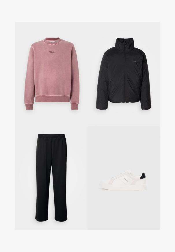 Črna puffer jakna z visokim ovratnikom, zadrgo spredaj in stranskimi žepi. Gladka, sijoča tekstura z minimalnim logotipom na prsih.; Svetlo roza sweatshirt iz teksturirane tkanine, z rebrastimi manšetami in ovratnikom ter črnimi vezenimi logotipnimi detajli na sprednji strani.; Črne športne hlače iz mehkega, zračnega materiala. Imajo elastičen pas in ravne noge brez izrazitih poudarkov ali vzorcev.; Beli športni čevlji z svetlo roza in črnimi detajli, ki imajo gladke usnjene in semiš panele, okroglo konico in plitki gumijasti podplat.